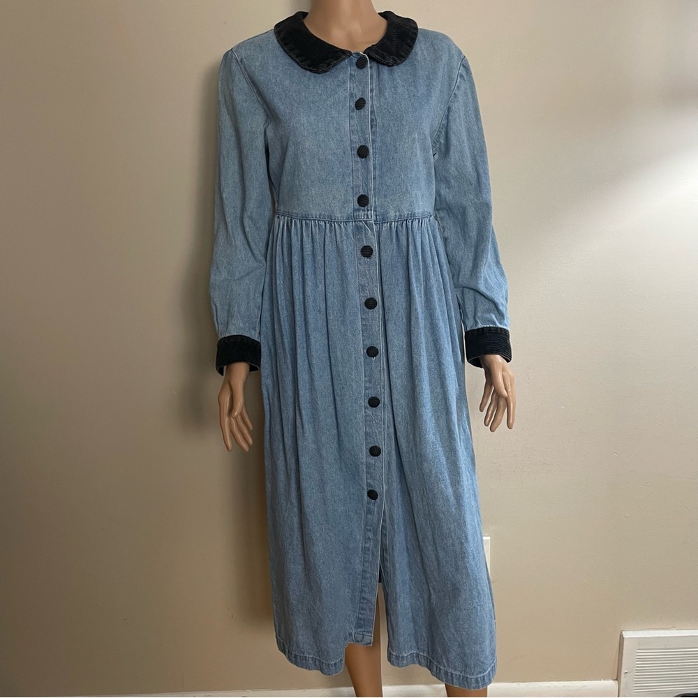 VINTAGE 80s 90s FADS Women's DENIM Collared MAXI Button Front DRESS